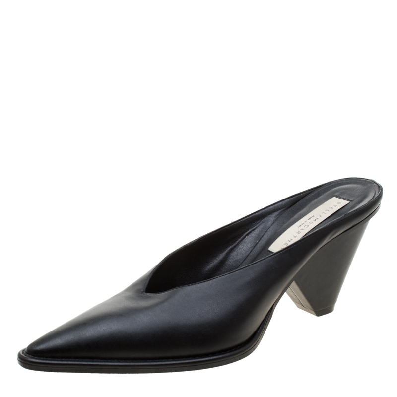 Stella McCartney Black Faux Leather Sabot Pointed Mules Size