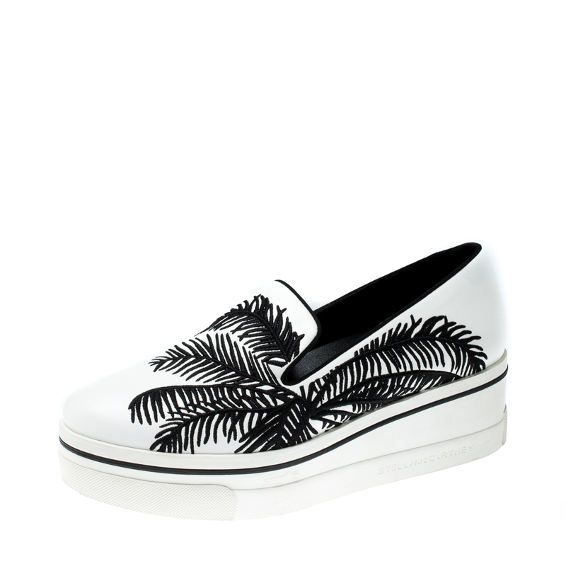 Stella McCartney Monochrome Faux Leather Binx Palm Tree Embroidered Platform Slip On Sneakers Size 38