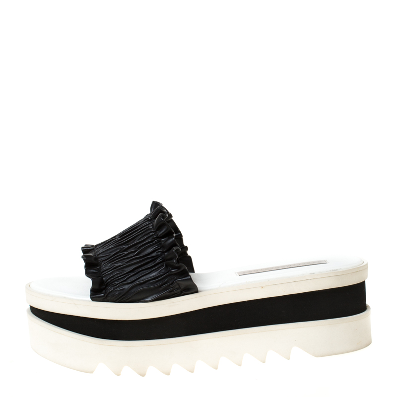 

Stella McCartney Black Ruffle Faux Leather Platform Slide Size