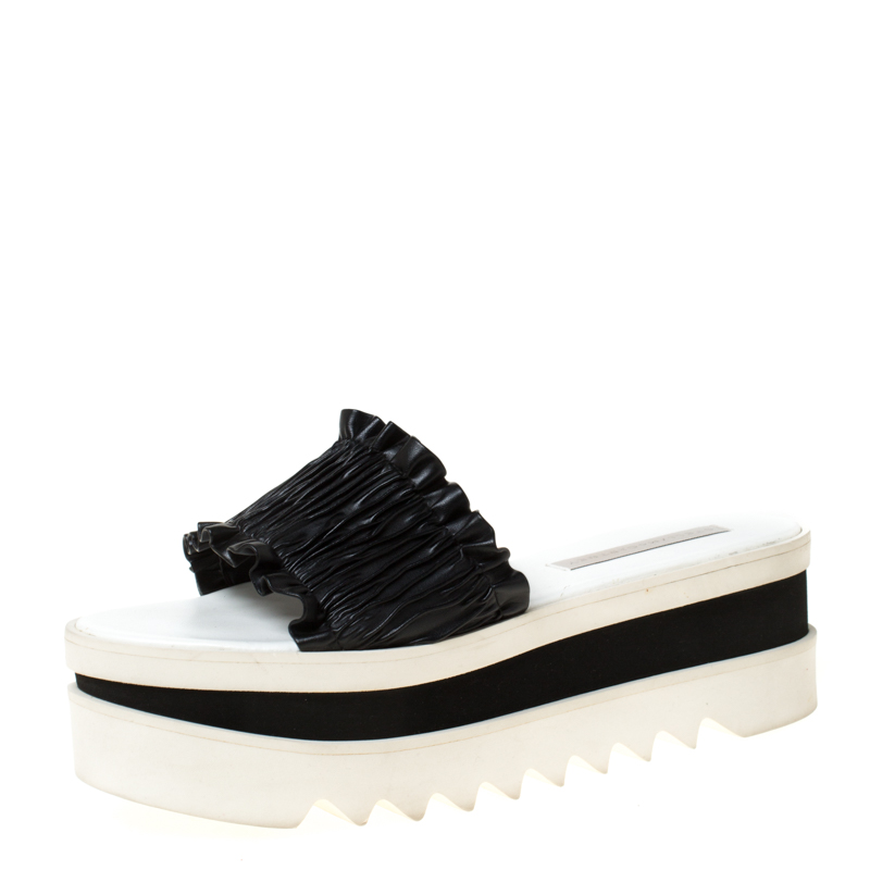 Stella McCartney Black Ruffle Faux Leather Platform Slide Size 41
