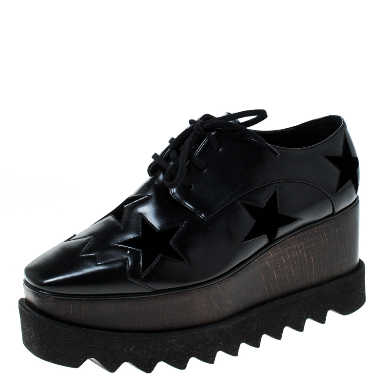 Pre Owned حذاء ستيلا ماكرتني دربي نعل سميك اليز نجوم جلد صناعي أسود مقاس 36.5