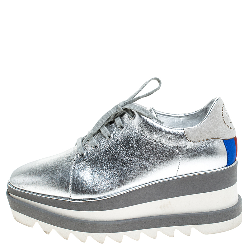 

Stella McCartney Silver Metallic Faux Leather Elyse Platform Derby Size