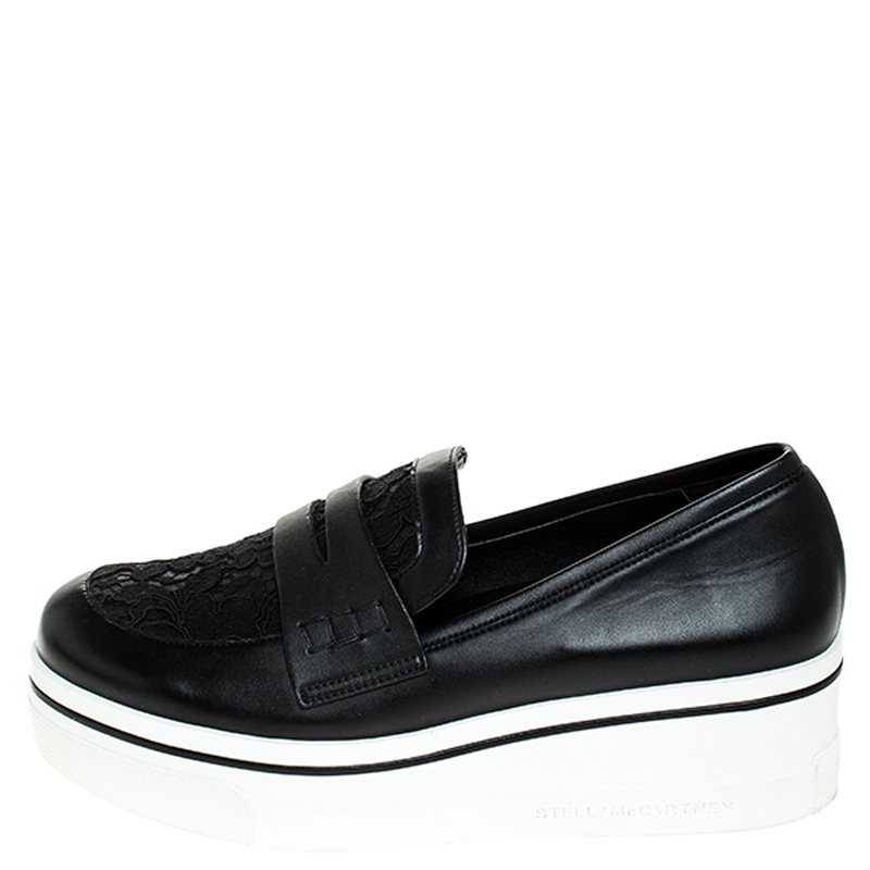 

Stella McCartney Black Faux Leather and Lace Binx Platform Slip On Sneakers Size