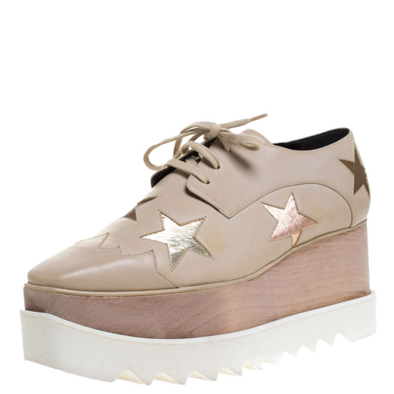 مملوكة مسبقًا Stella McCartney Beige Faux Leather Elyse Star Platform Lace Up Derby Size 40