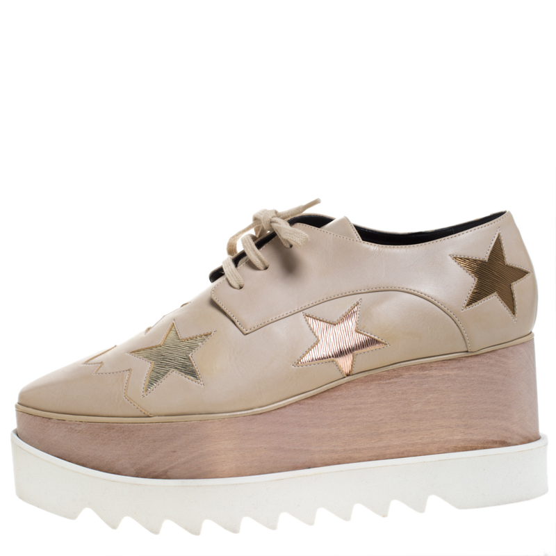 

Stella McCartney Beige Faux Leather Elyse Star Platform Lace Up Derby Size