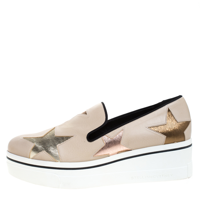 

Stella McCartney Beige Faux Leather Binx Star Platform Slip On Sneakers Size