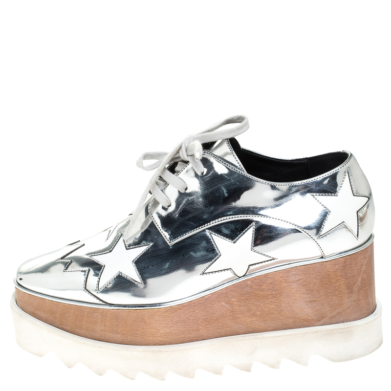 

Stella McCartney Metallic Silver Faux Leather Elyse Star Platform Derby Size