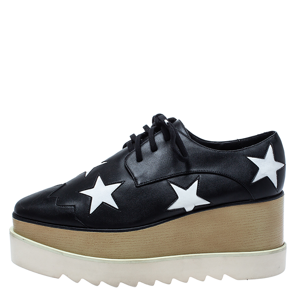 

Stella McCartney Black/White Faux Leather Elyse Star Platform Derby Size