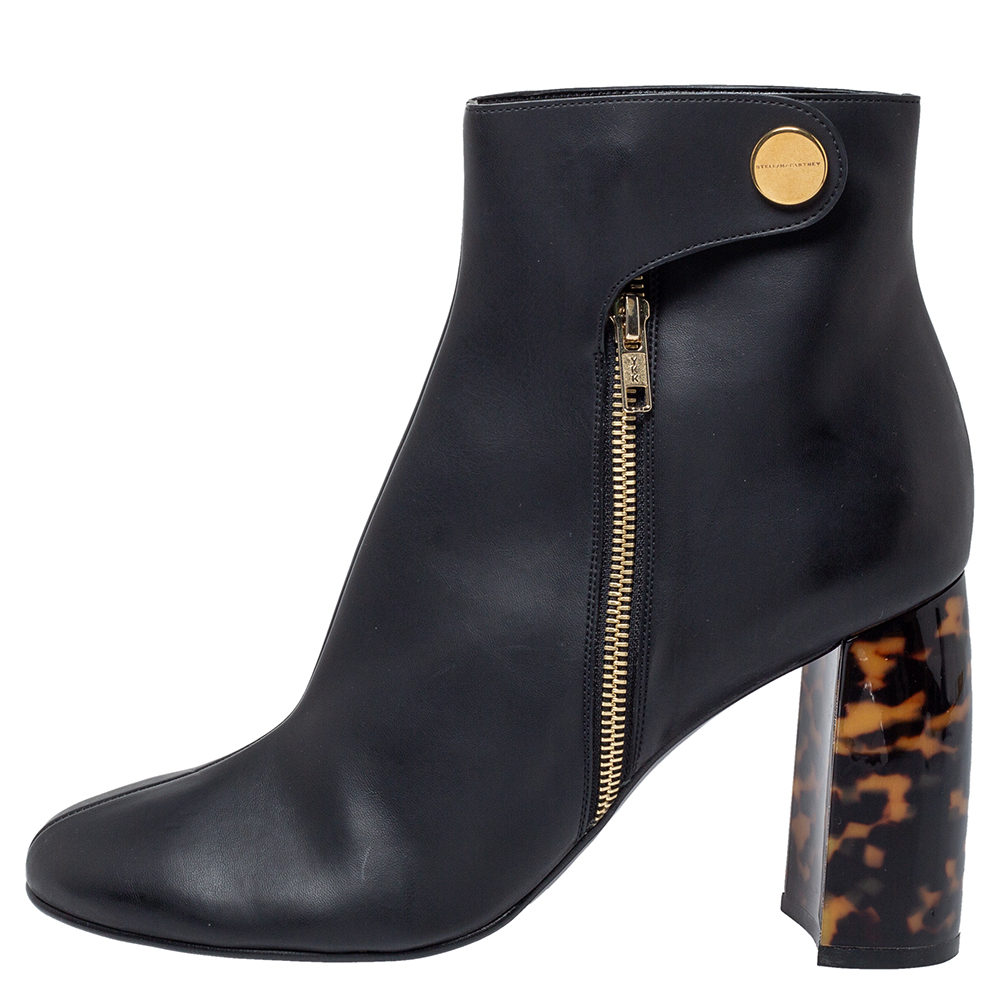 

Stella McCartney Black Faux Leather Block Heel Ankle Booties Size