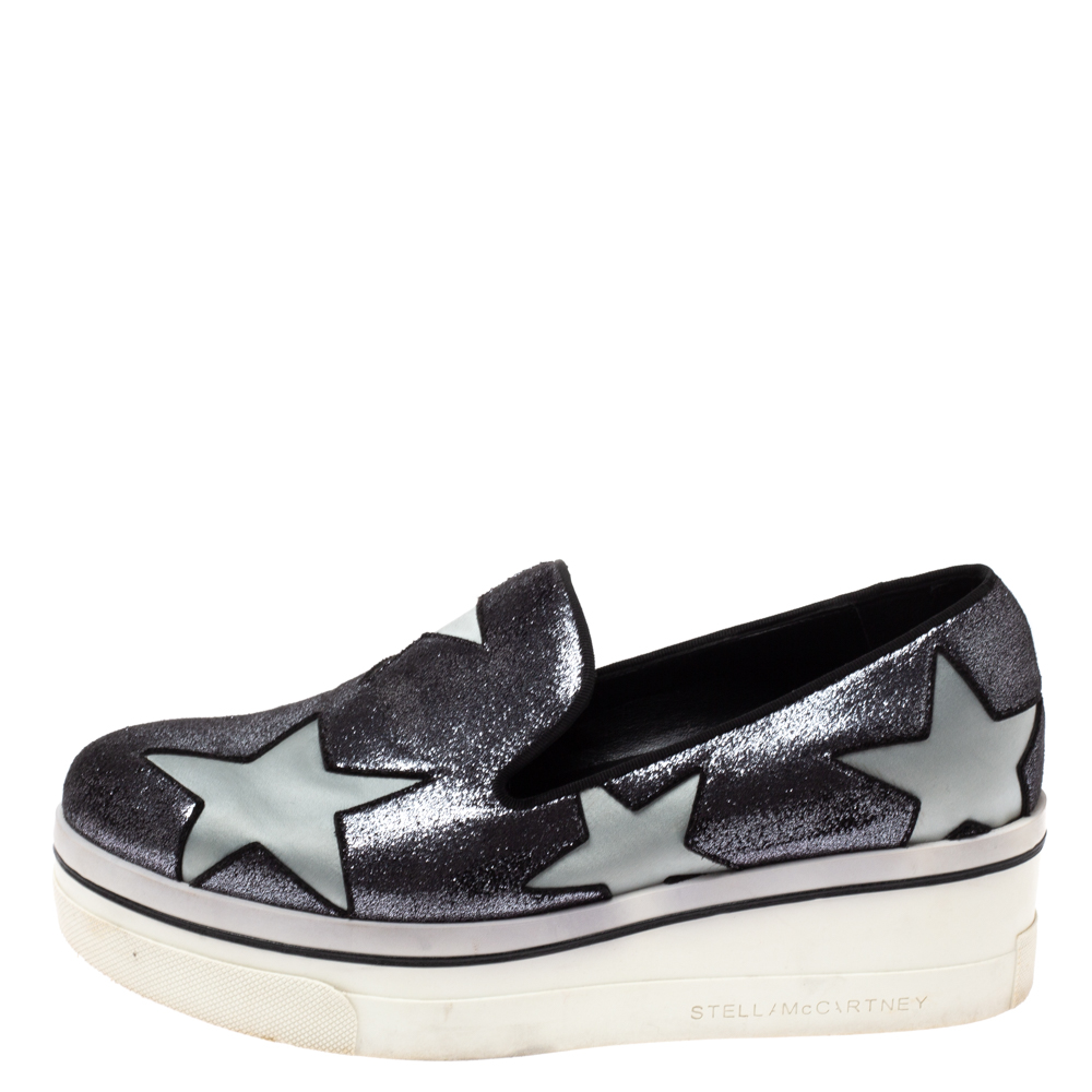

Stella McCartney Black Shimmery Faux Leather and Grey Satin Binx Star Platform Slip On Sneakers Size