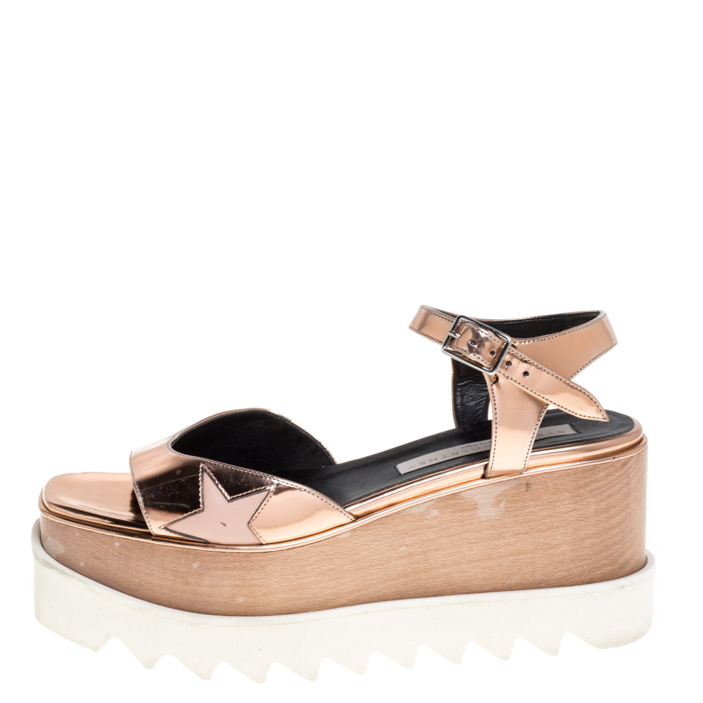 

Stella McCartney Metallic Gold Faux Leather Creeper Platform Ankle Strap Sandals Size