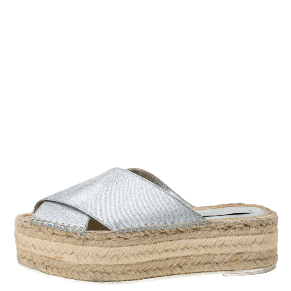 

Stella McCartney Metallic Glitter Faux Leather Cross Strap Espadrille Flats Size, Silver