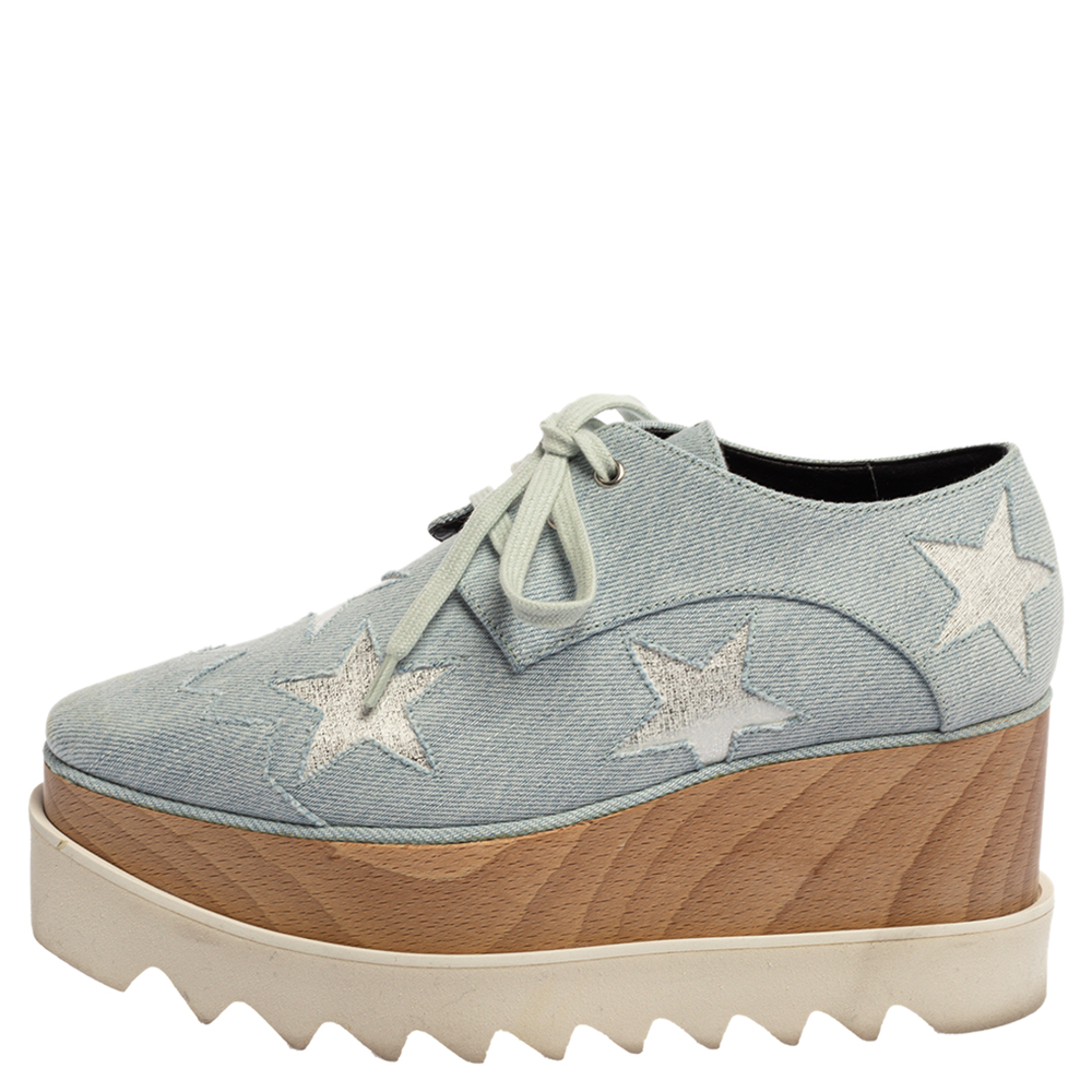 

Stella McCartney Light Blue Denim Fabric Elyse Stars Platform Lace Up Sneakers Size