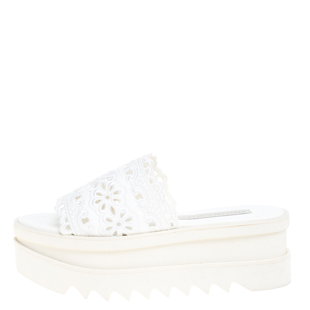 

Stella McCartney White Lace Cut Brocade Faux Leather Platform Slides Size