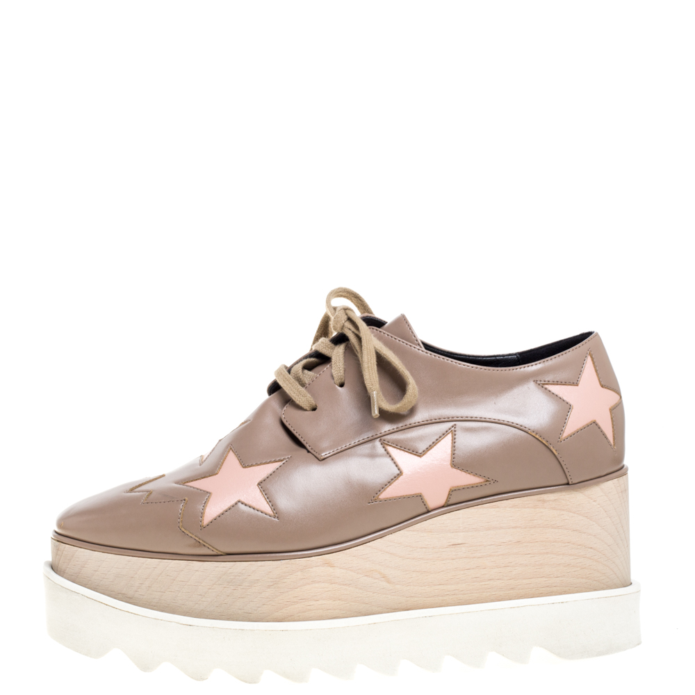 

Stella McCartney Beige Faux Leather Elyse Star Platform Lace Up Derby Size