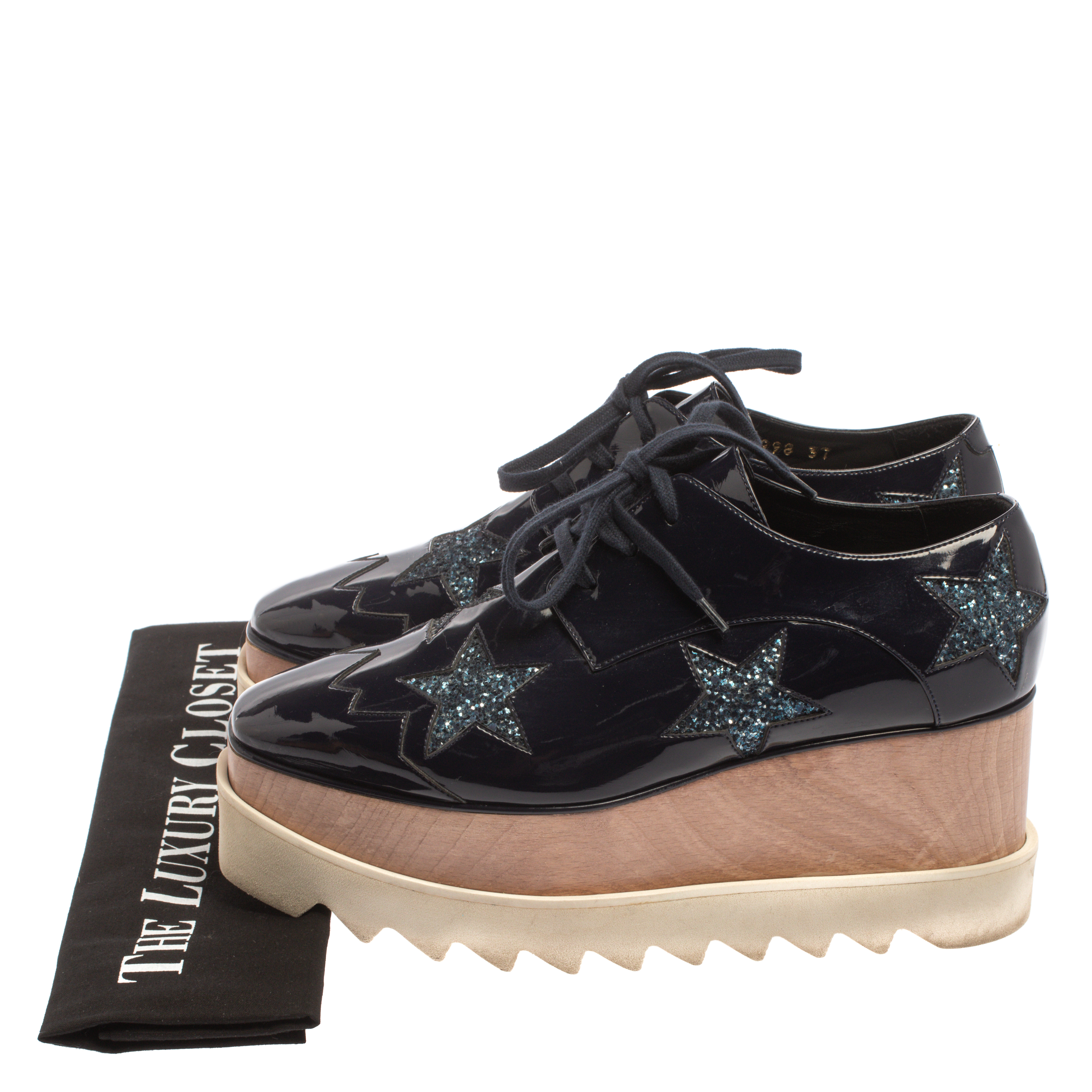 Stella McCartney Blue Faux Patent Leather And Glitter Elyse Star Platform  Derby Sneakers Size 37 Stella McCartney