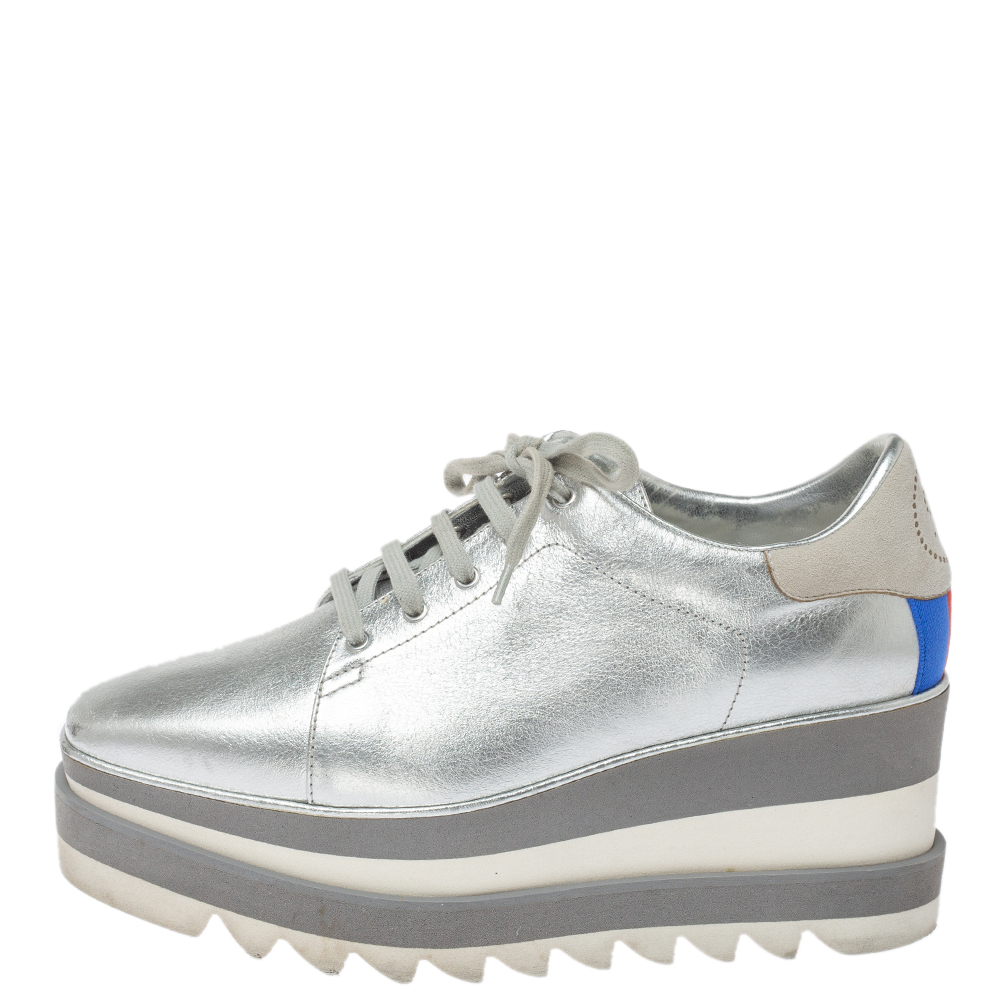 

Stella McCartney Metallic Silver Faux Leather Sneak Elyse Platform Derby Sneakers Size