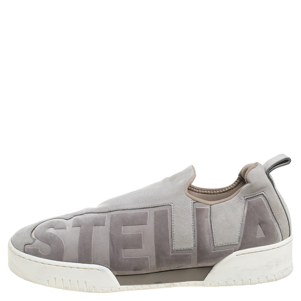 

Stella McCartney Grey Faux Suede And Velvet Logo Embossed Slip On Sneakers Size