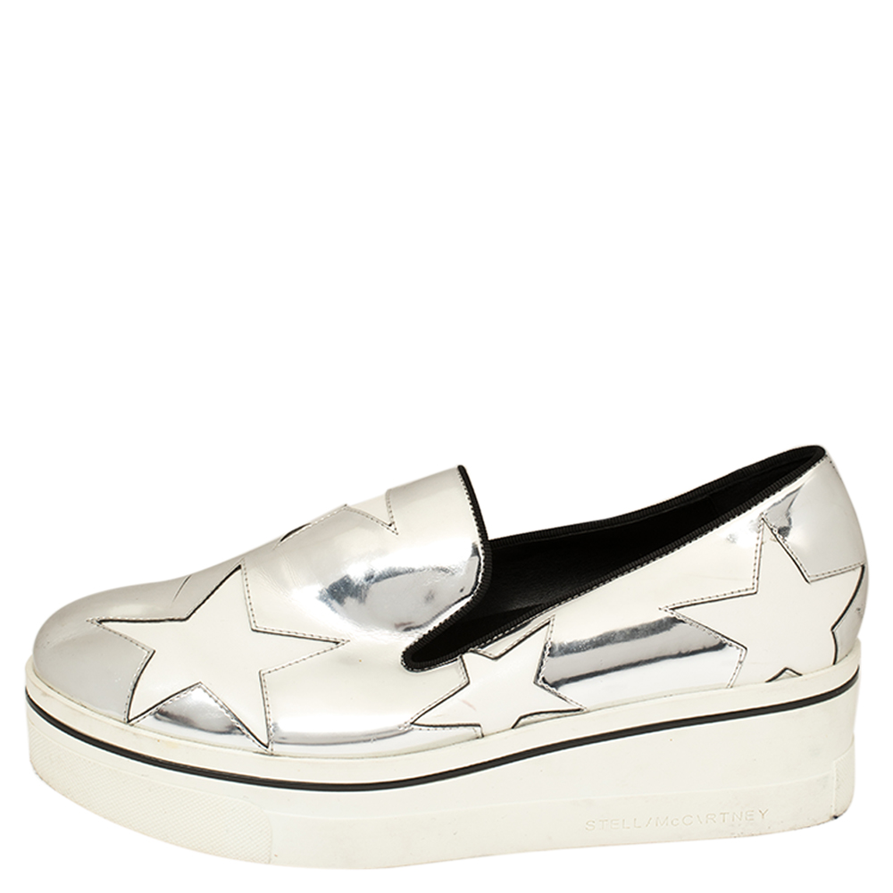 

Stella McCartney Metallic Silver Faux Leather Binx Star Platform Slip On Sneakers Size