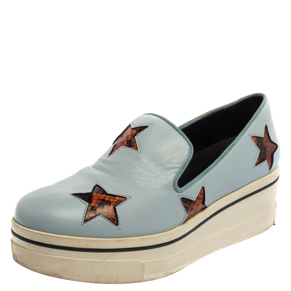 Pre-owned Stella Mccartney Blue Faux Leather Binx Star Platform Slip On Trainers Size 39