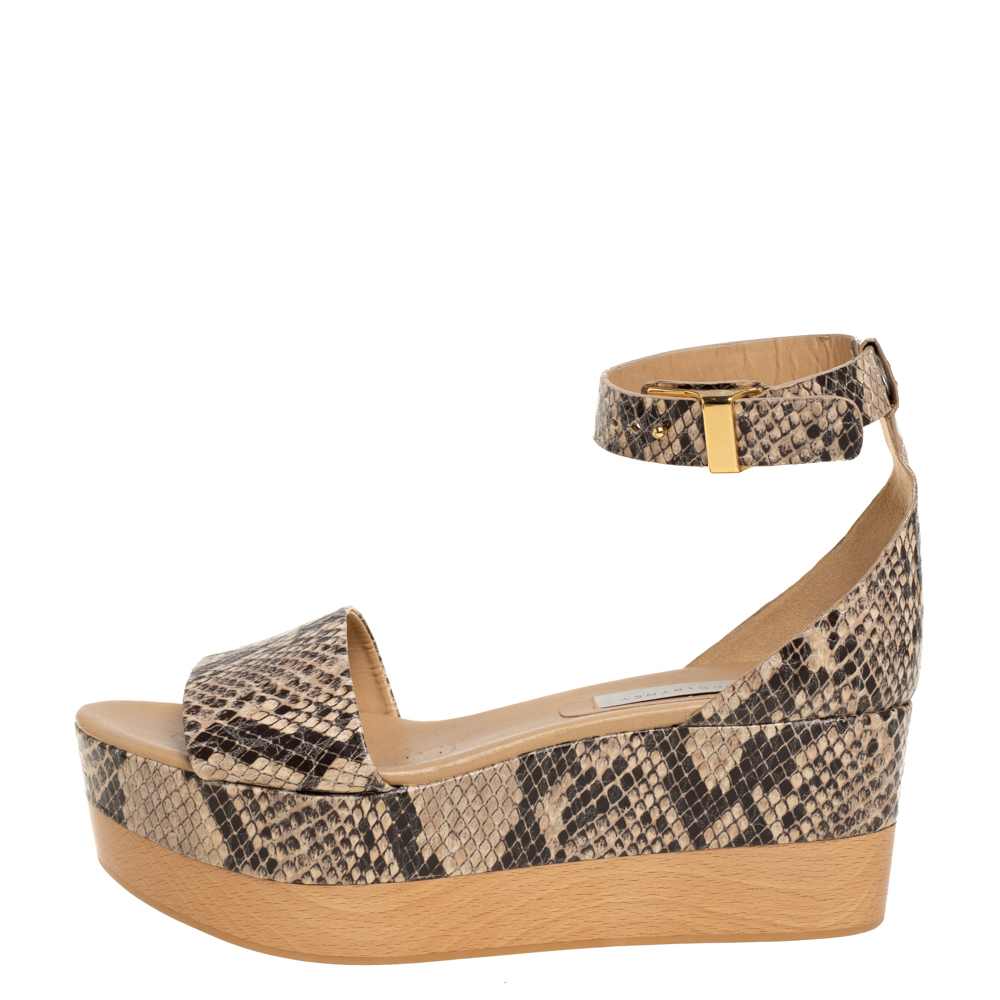 

Stella McCartney Beige/Black Faux Python Ankle Strap Wedges Size