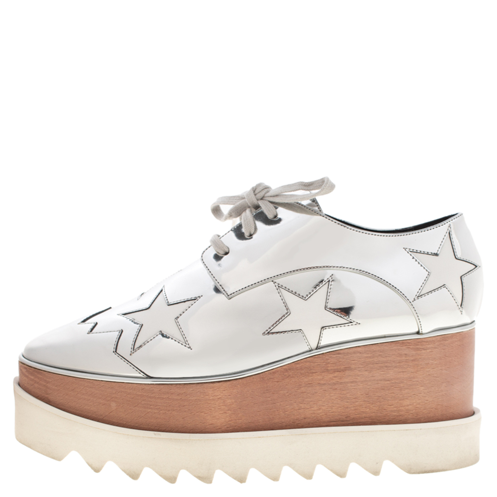 

Stella McCartney Metallic Silver Faux Leather Elyse Star Platform Derby Size