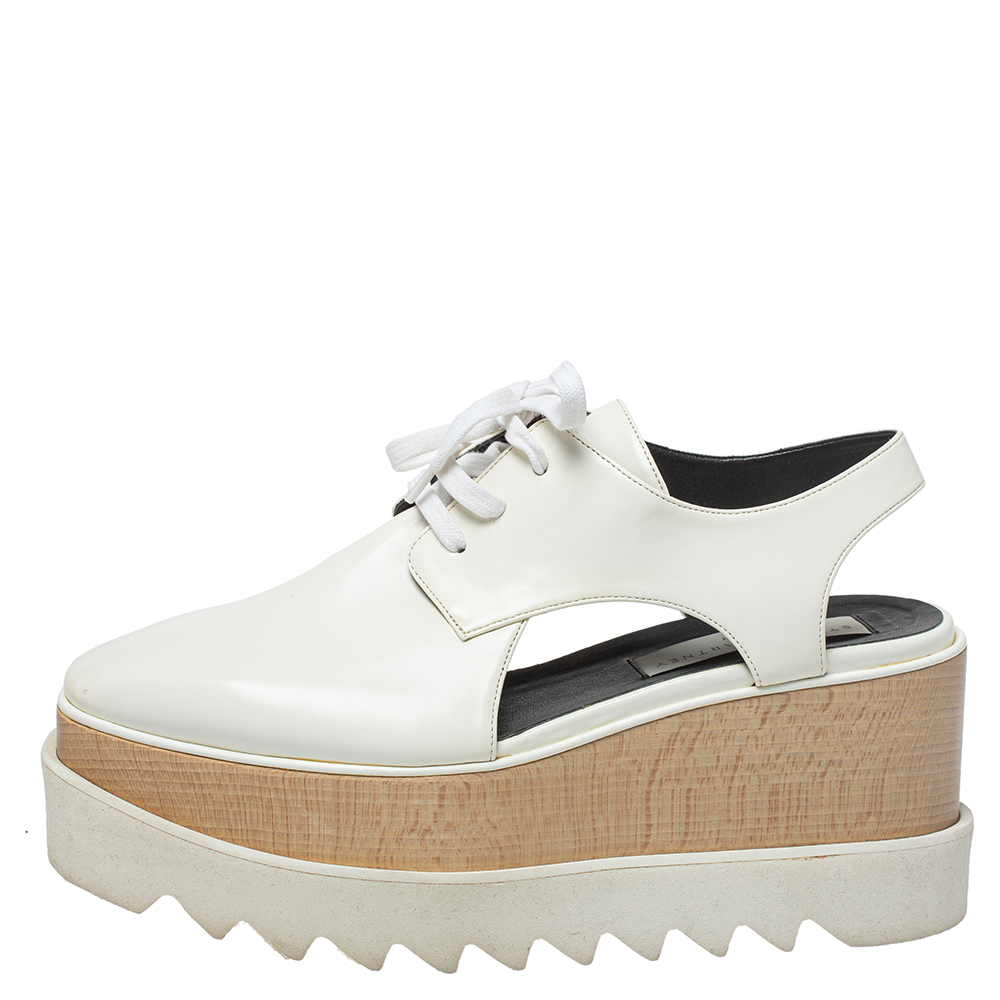 

Stella McCartney White Leather Elyse Cutout Platform Derby Size