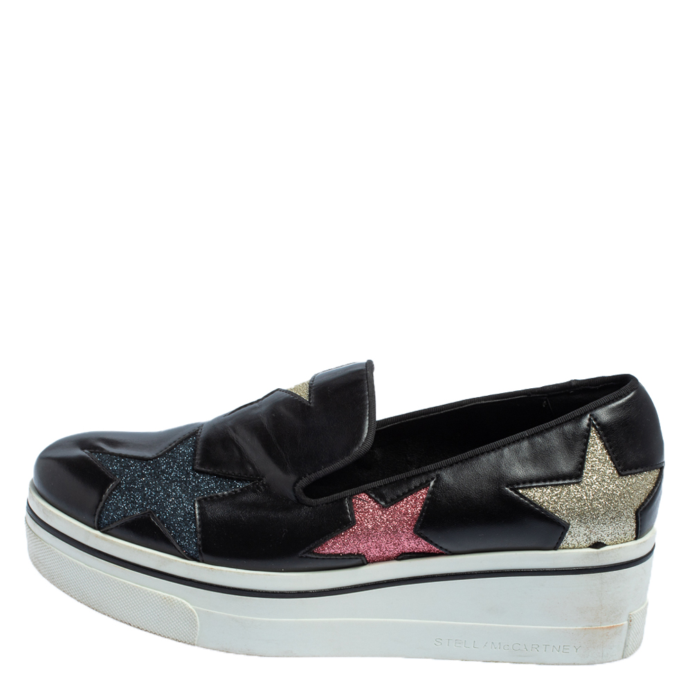 

Stella McCartney Black Faux Leather Binx Star Platform Slip On Sneakers Size