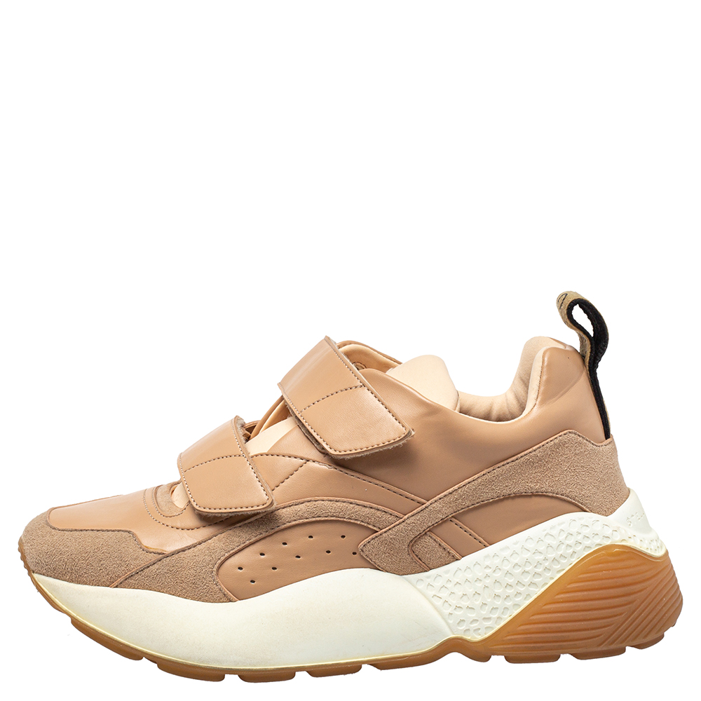 

Stella McCartney Beige Faux Leather Eclypse Velcro Low Top Sneakers Size