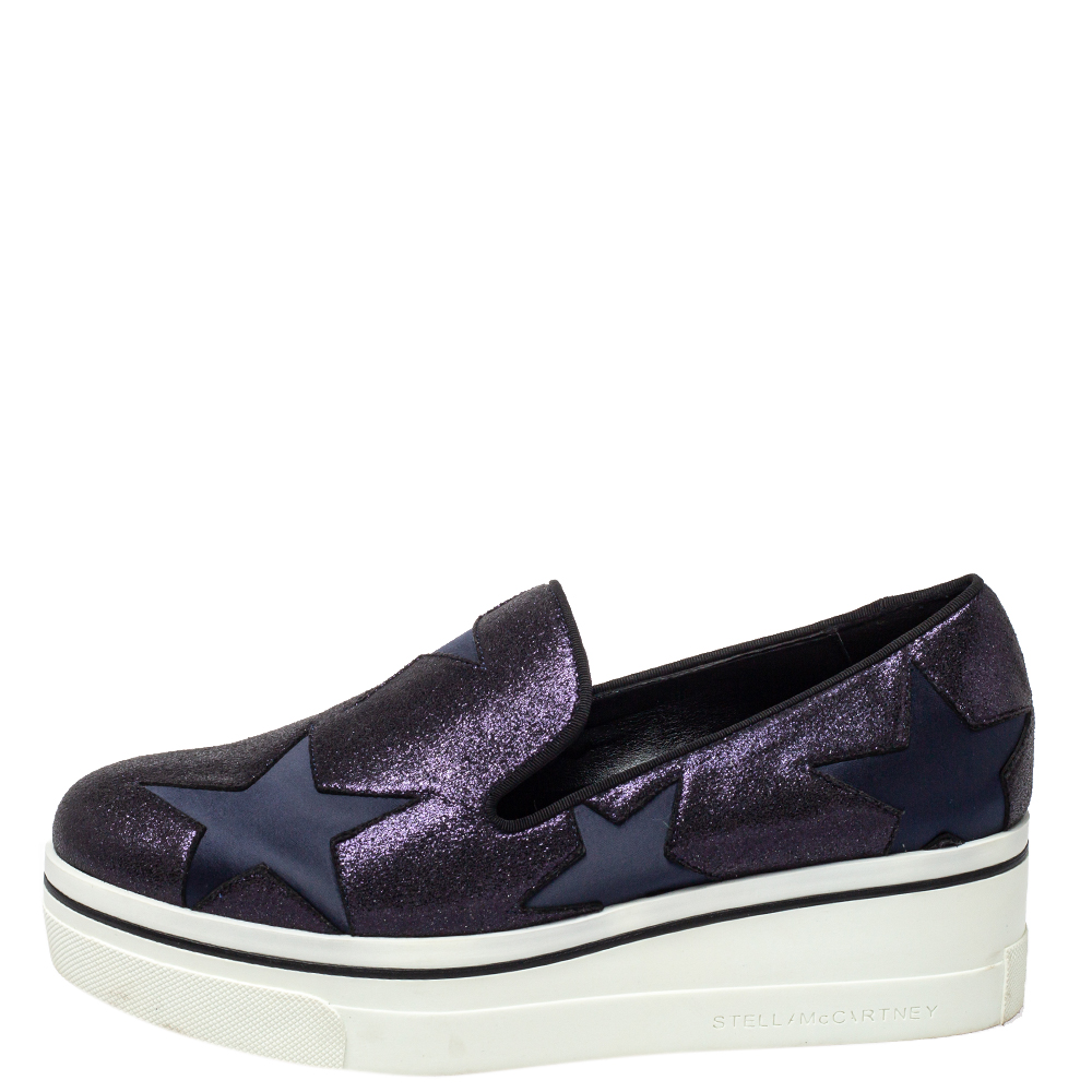 

Stella McCartney Blue Faux Suede and Satin Binx Star Slip On Platform Sneakers Size