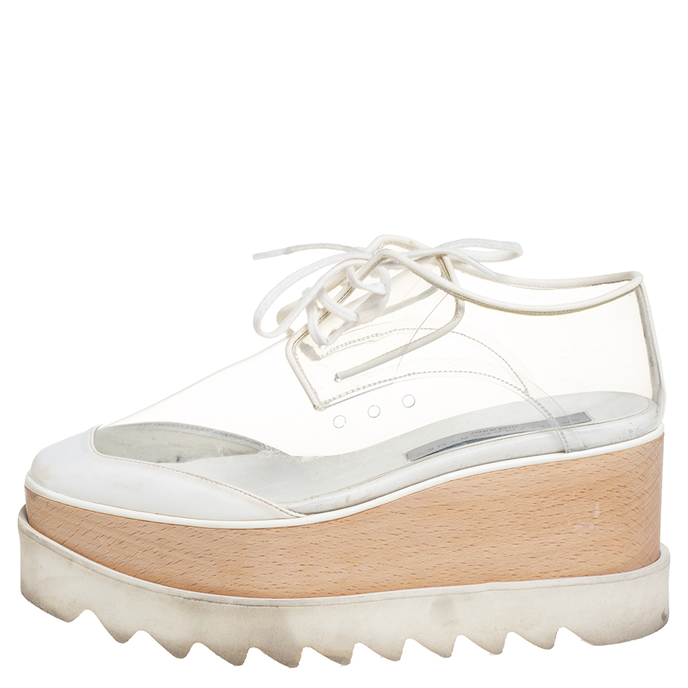 

Stella McCartney White Faux Leather And PVC Elyse Platform Sneakers Size