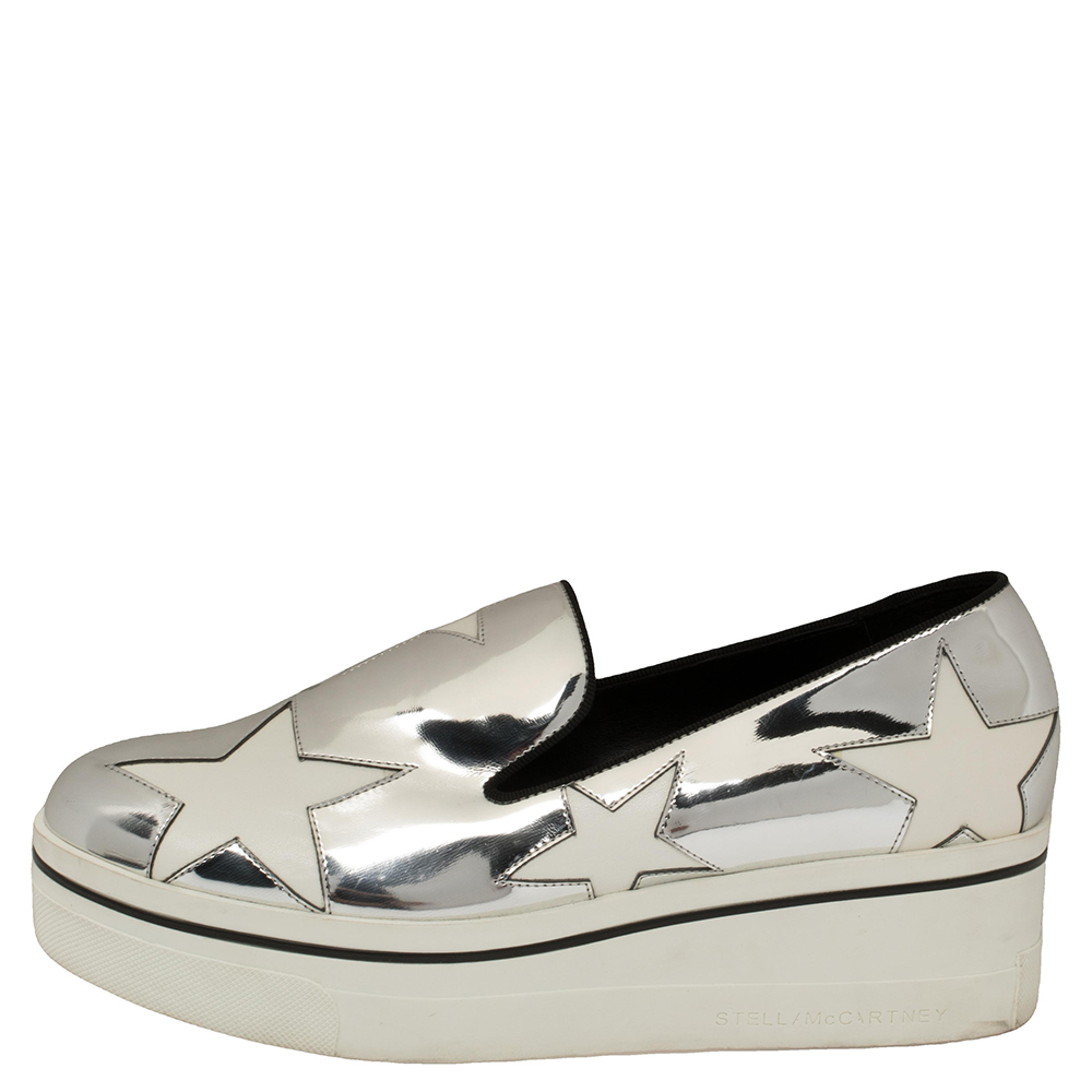 

Stella McCartney Metallic Silver Faux Leather Binx Star Platform Slip On Sneakers Size