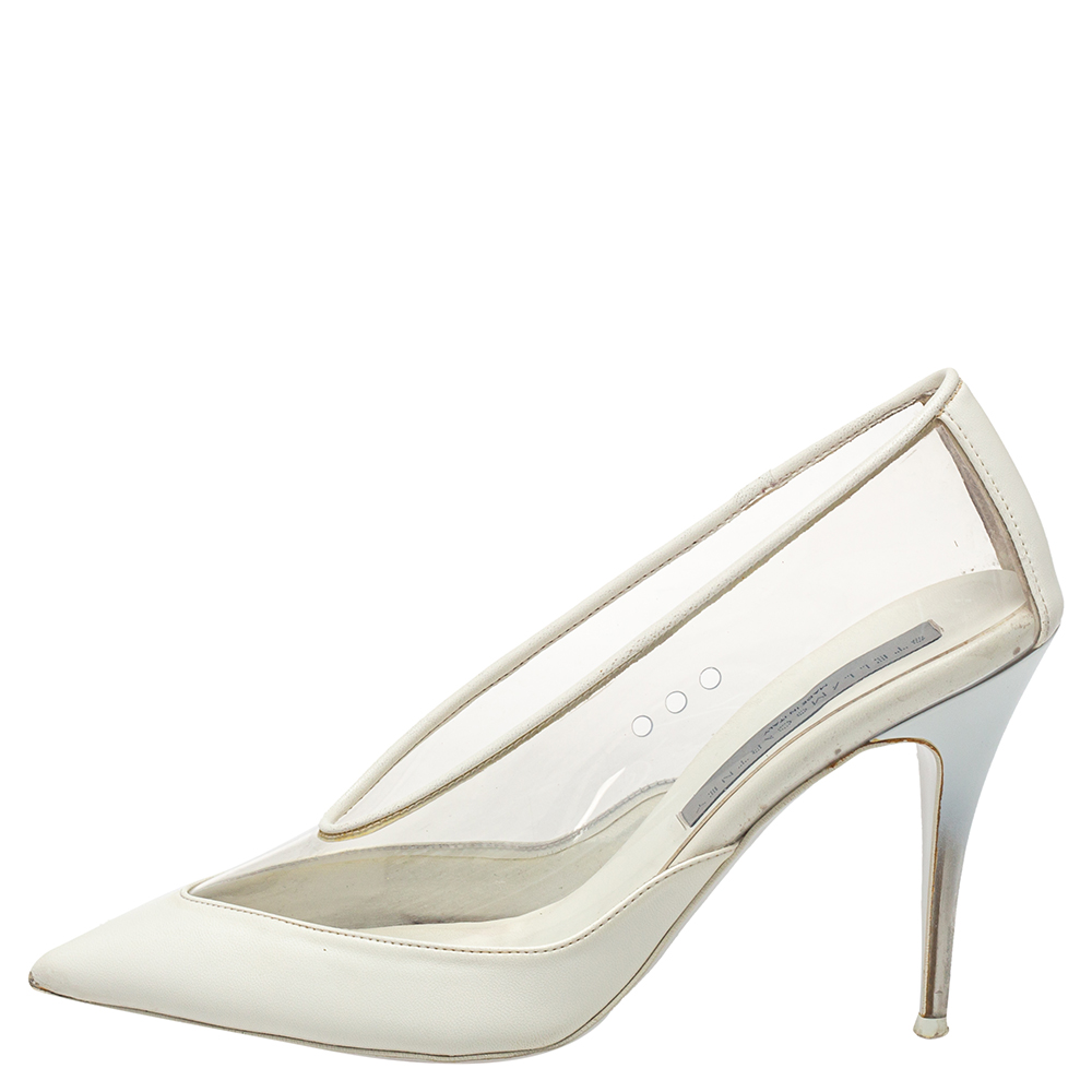 

Stella McCartney White Faux Leather And PVC Pointed Toe Pumps Size