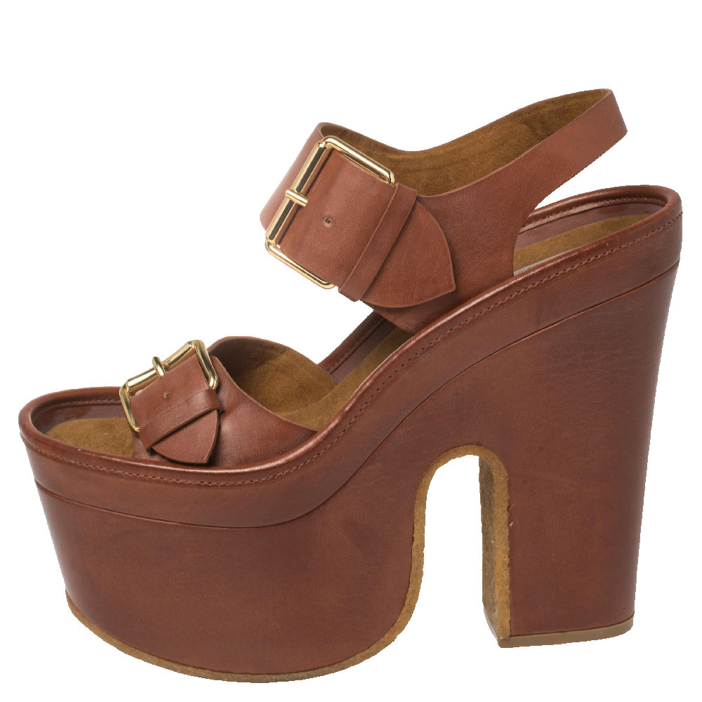 

Stella McCartney Brown Faux Leather Buckle Block Heel Platform Sandals Size