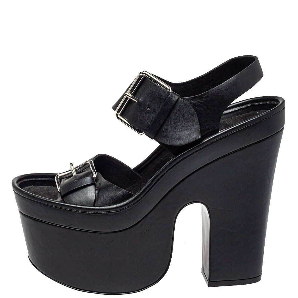 

Stella McCartney Black Faux Leather Buckle Block Heel Sandals Size