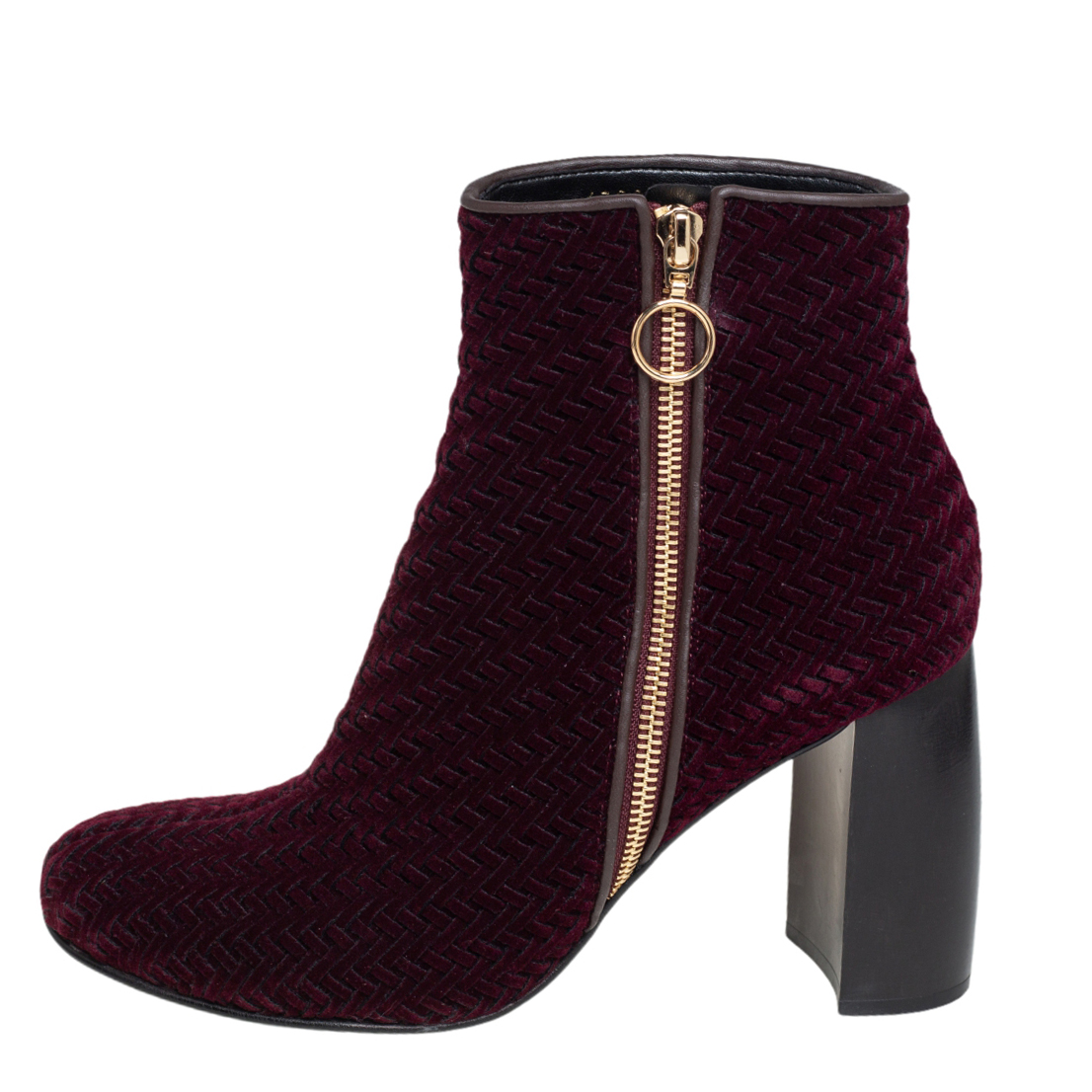 

Stella McCartney Burgundy Woven Velvet Block Heel Ankle Booties Size