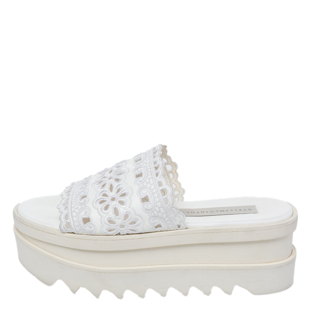 

Stella McCartney White Floral Embroidered Cut Out Faux Leather Platform Slide Sandals Size