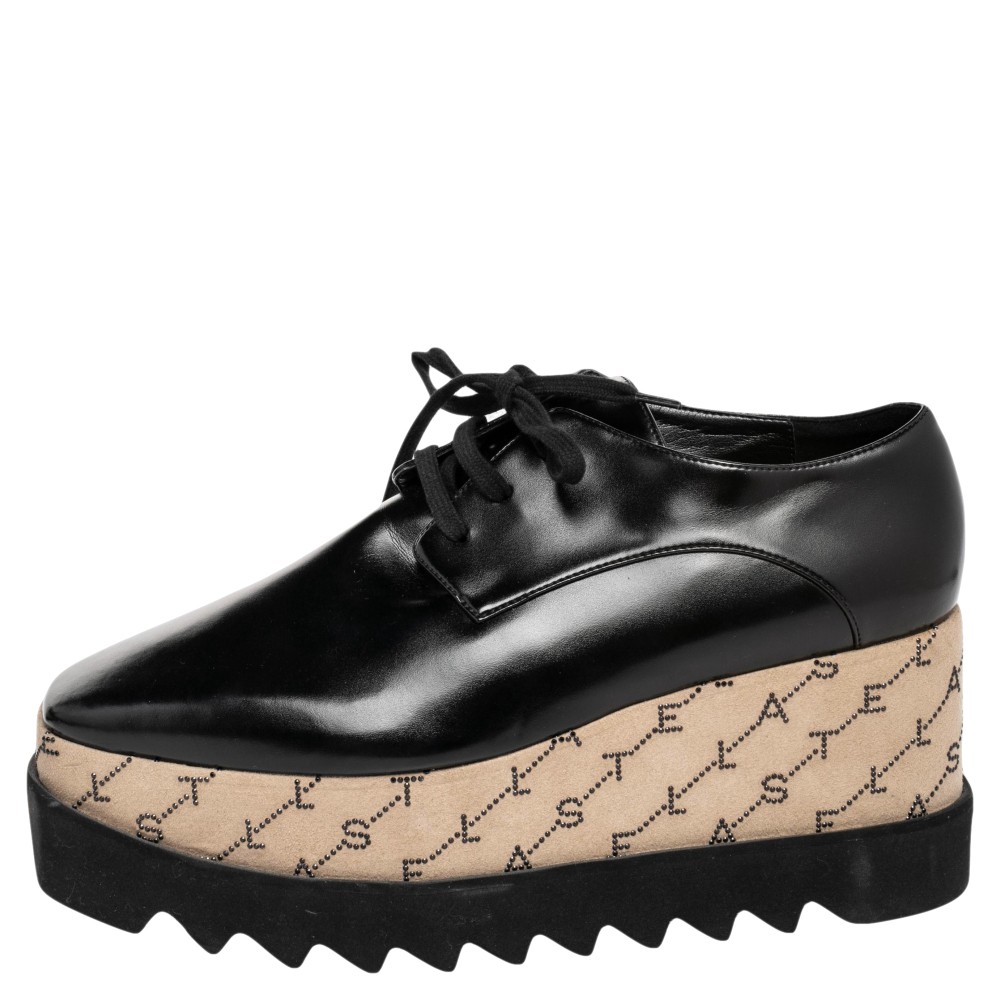 

Stella McCartney Black/Beige Faux Leather Monogram Elyse Platform Derby Sneakers Size