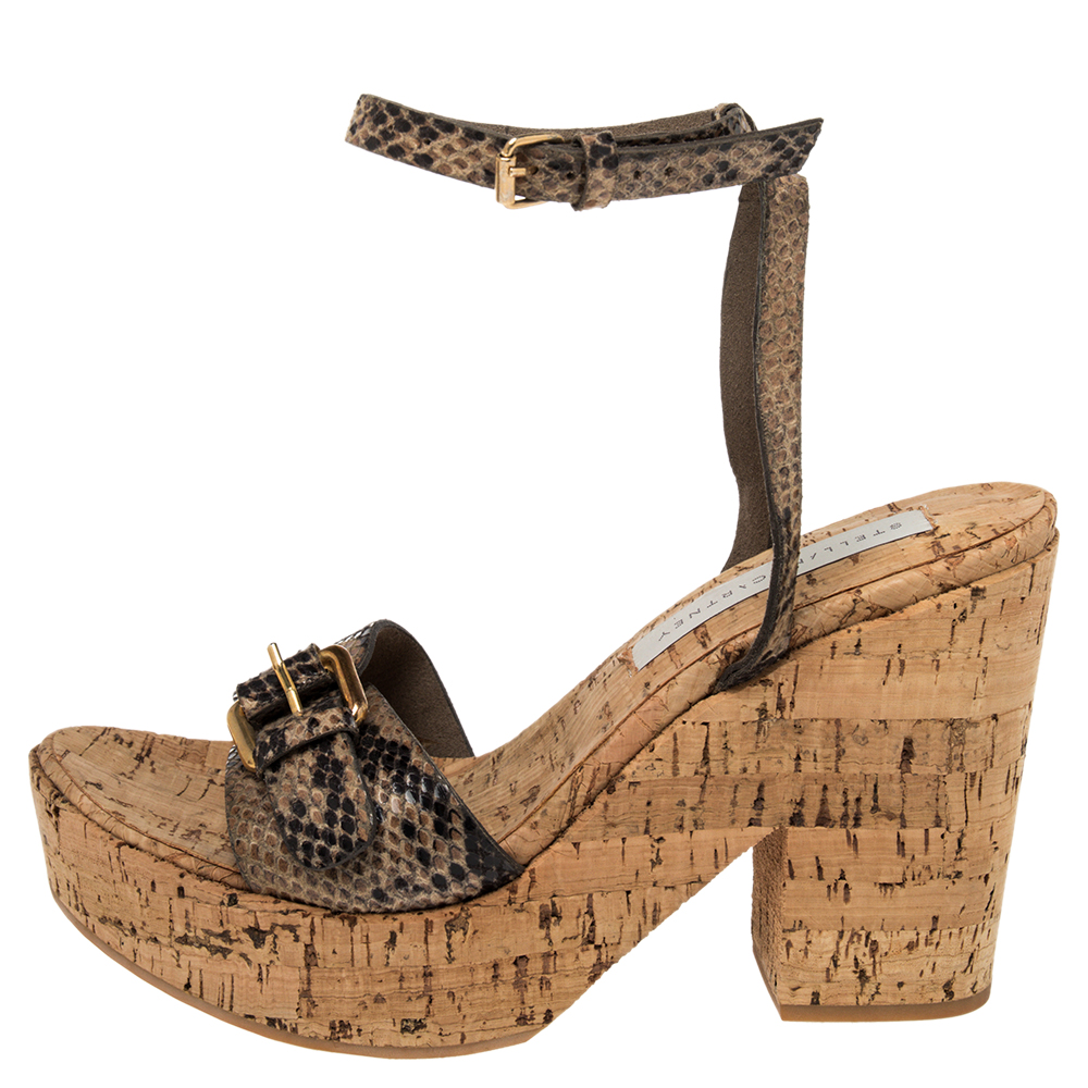 

Stella McCartney Beige Faux Python Leather Cork Platform Sandals Size