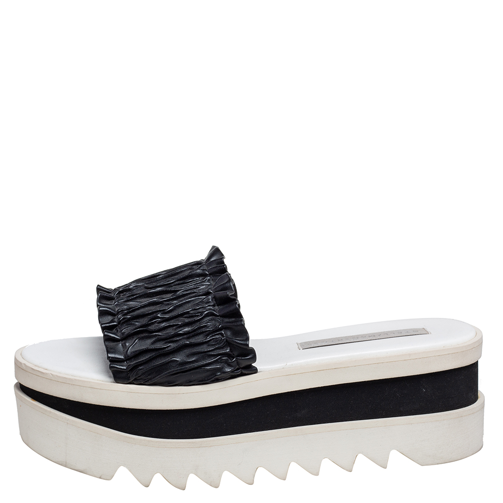 

Stella McCartney Black Ruffle Faux Leather Platform Slide Sandals Size