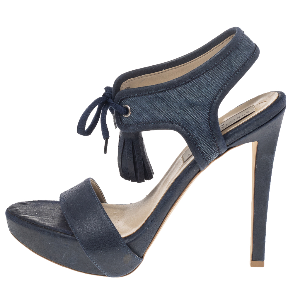 

Stella McCartney Navy Blue Faux Leather And Canvas Platform Ankle Wrap Tassel Sandals Size