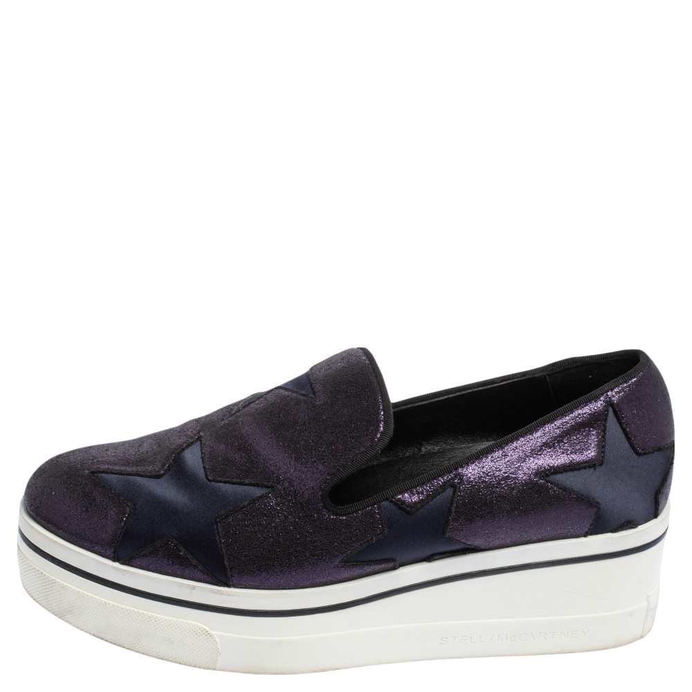 

Stella McCartney Metallic Plum/Black Faux Suede and Fabric Binx Star Platform Sneakers Size, Purple