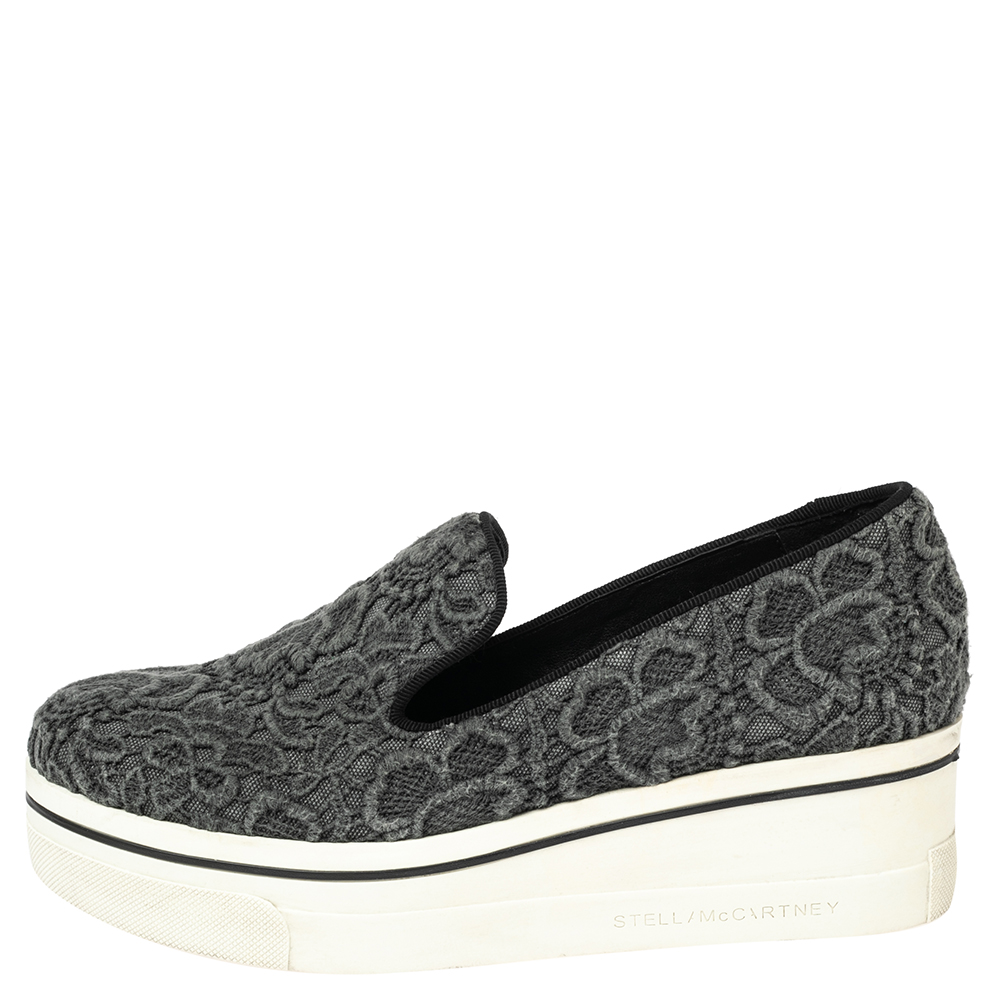 

Stella McCartney Grey Embroidered Fabric Lace Slip On Sneakers Size
