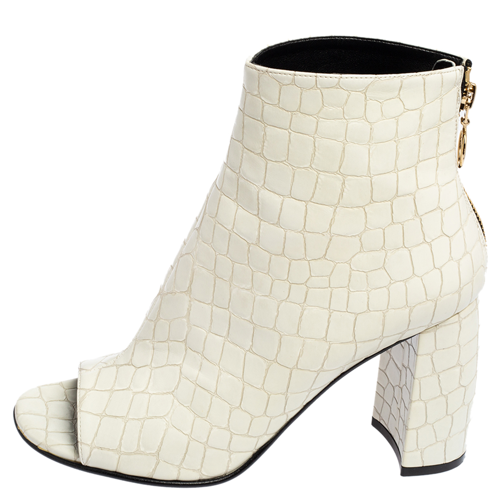 

Stella McCartney White Croc Embossed Faux Leather Peep Toe Ankle Boots Size