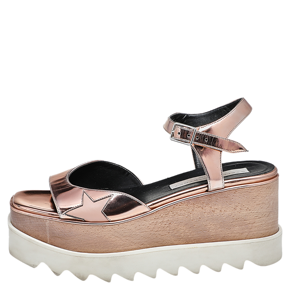 

Stella McCartney Metallic Rose Gold Faux Patent Leather Elyse Star Platform Ankle Strap Sandals Size