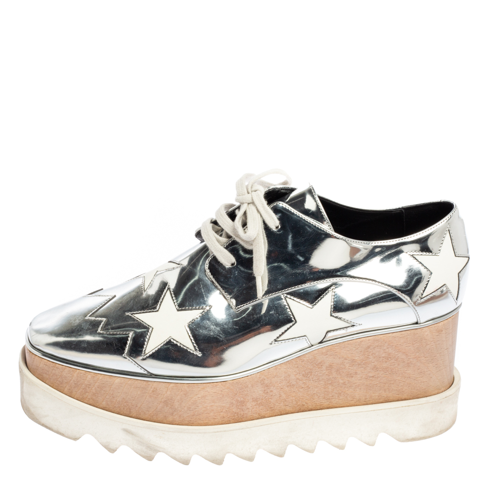 

Stella McCartney Silver/White Faux Leather And Elyse Star Platform Derby Size