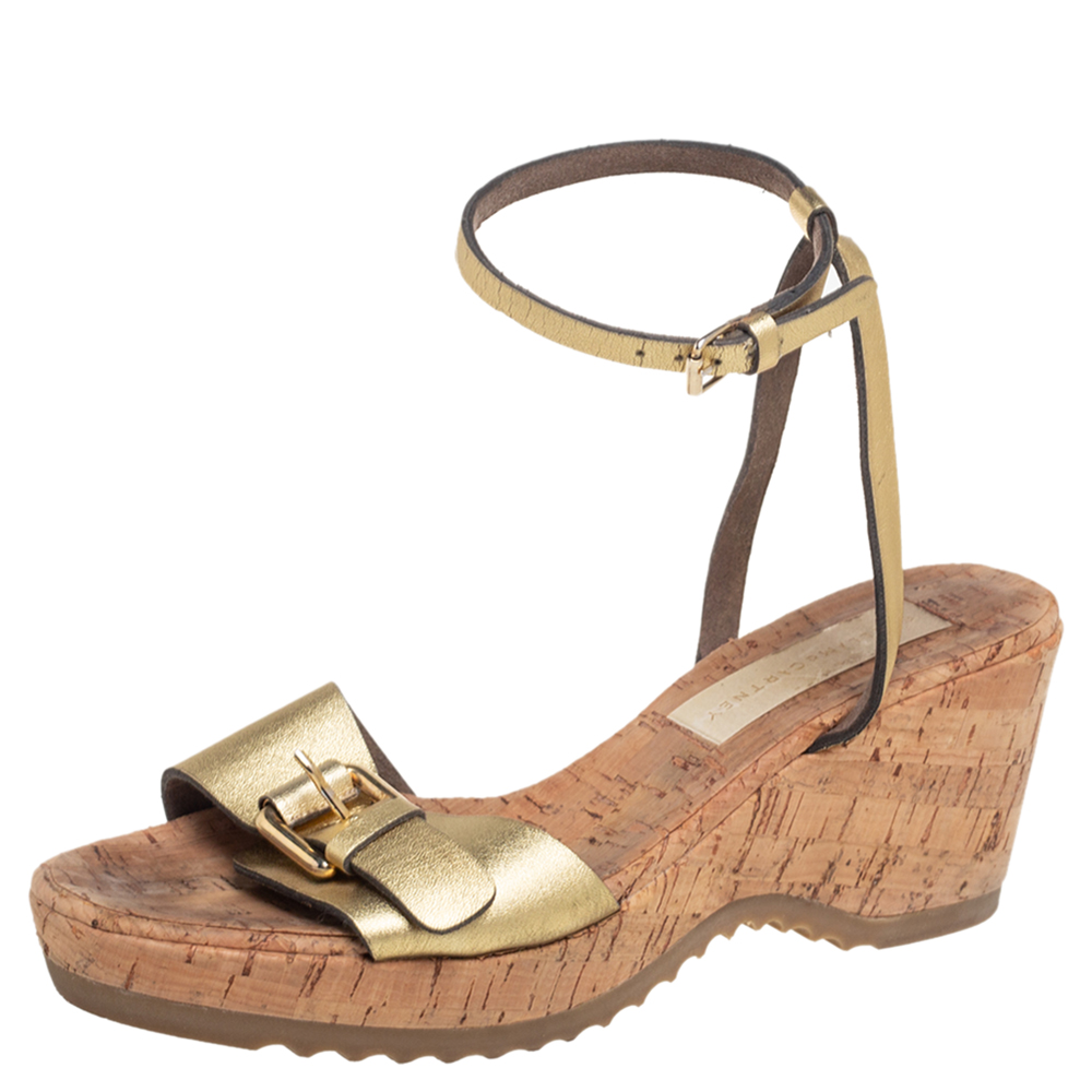 Pre-owned Stella Mccartney Metallic Gold Faux Leather Cork Platform Sandals Size 40.5