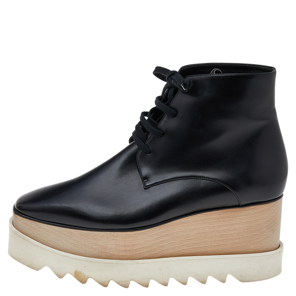 

Stella McCartney Black Faux Leather Platform Lace Up Ankle Boots Size
