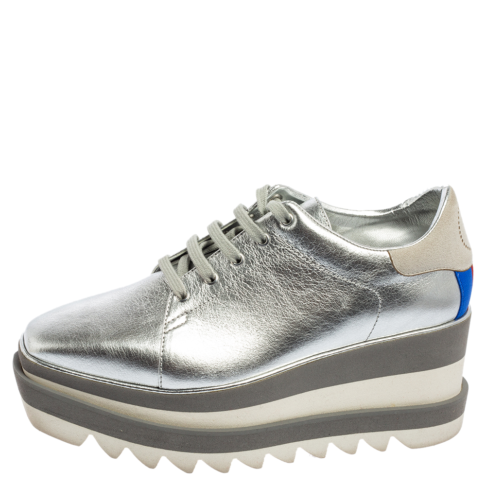 

Stella McCartney Silver Faux Leather Elyse Platform Derby Sneakers Size