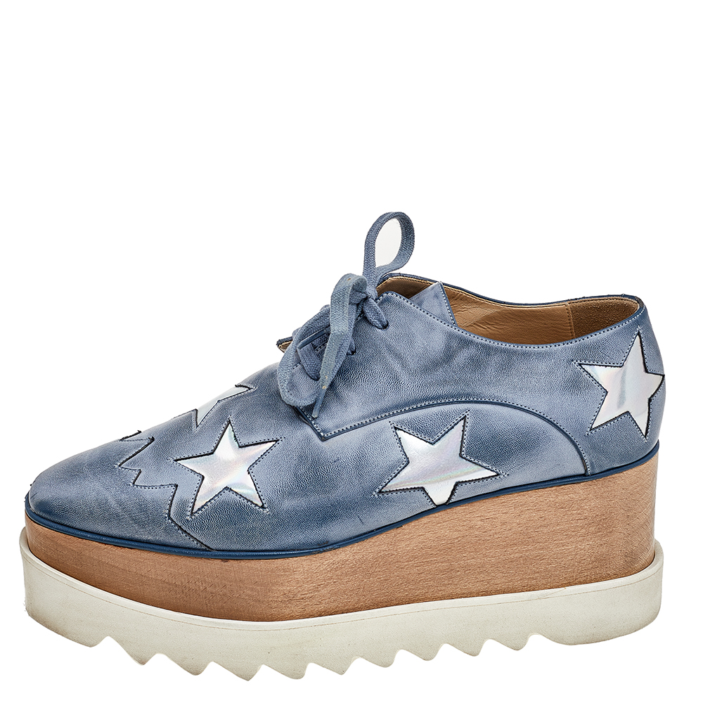 

Stella McCartney Blue/Silver Faux Leather Elyse Star Platform Lace Up Sneakers Size